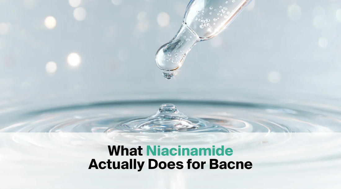  A glass dropper releases a clear drop of liquid onto a water surface creating ripples, with the text overlay "What Niacinamide Actually Does for Bacne".