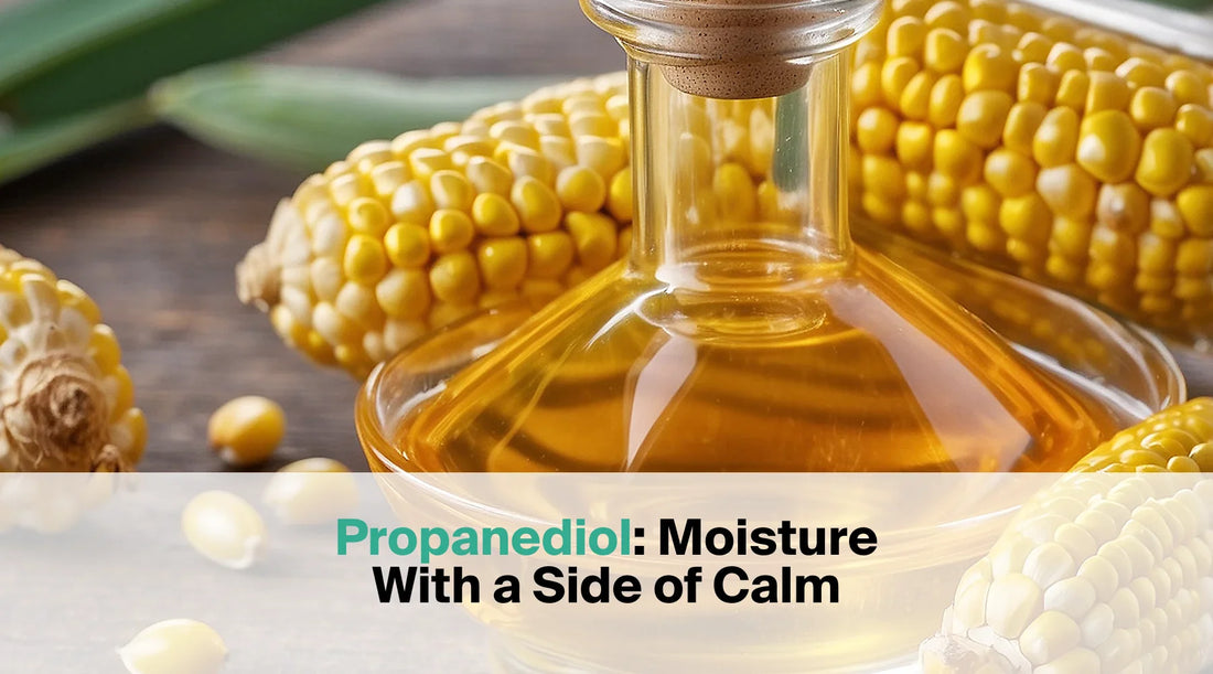  A glass bottle containing amber-colored oil is surrounded by several bright yellow ears of corn, with the text overlay "Propanediol: Moisture With a Side of Calm".