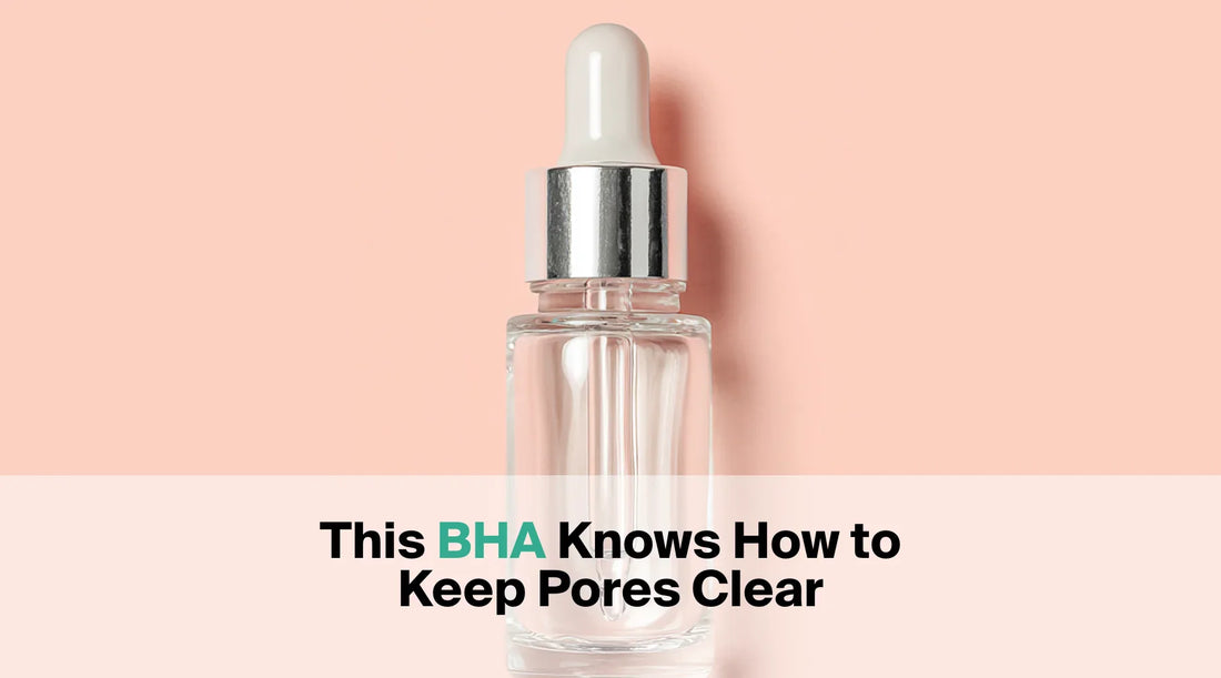  A clear glass dropper bottle containing a clear liquid is centered against a pink background, with the text overlay "This BHA Knows How to Keep Pores Clear".