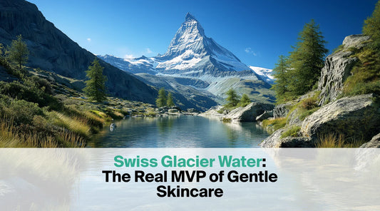  A clear blue sky dominates the upper half of the image, with a majestic snow-capped mountain (likely the Matterhorn) overlooking a calm lake, and the text overlay "Swiss Glacier Water: The Real MVP of Gentle Skincare".
