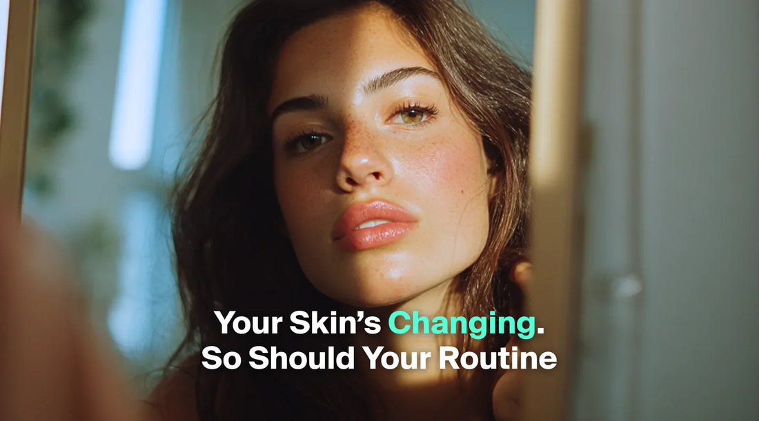 A young woman looking at herself in the mirror is highlighted by soft sunlight, paired with text about skincare in your 20s.